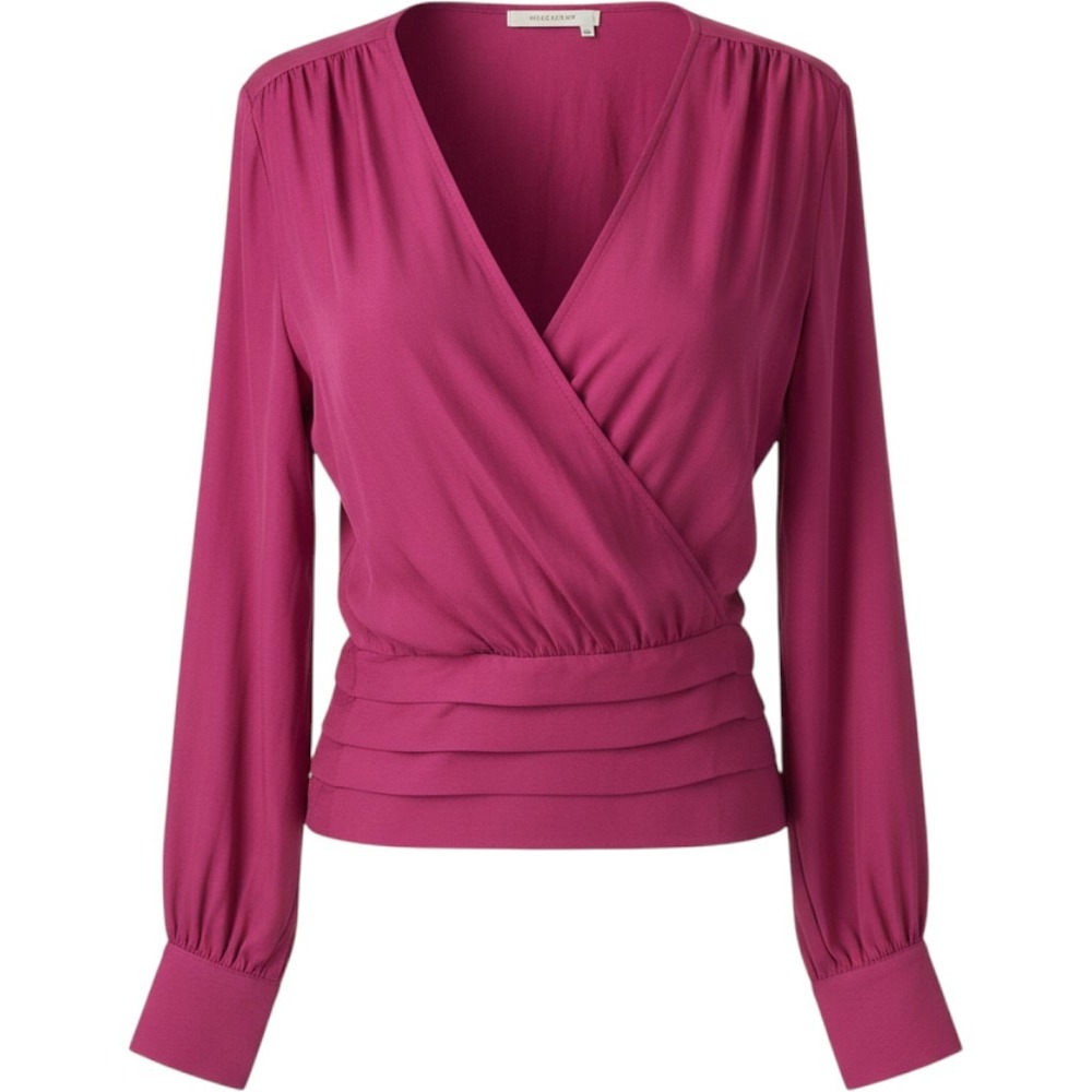 Express Magenta Pink Satin Wrap Blouse Long Balloon Sleeve Smocked Top Small NEW